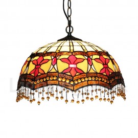 Diameter 40cm (16 inch) Handmade Rustic Retro Stained Glass Pendant Lights Multicolor Pattern Glass Shade Glass Beads Pendants Bedroom Living Room Dining Room