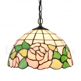 Diameter 30cm (12 inch) Handmade Rustic Retro Stained Glass Pendant Light Pink Rose Pattern Glass Shade Bedroom Living Room Dining Room