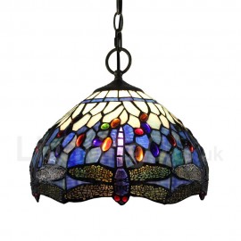 Diameter 30cm (12 inch) Handmade Rustic Retro Stained Glass Pendant Light Purple Dragonfly Patter Glass Shade Bedroom Living Room Dining Room