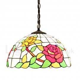 Diameter 40cm (16 inch) Handmade Rustic Retro Stained Glass Pendant Lights Multicolor Flowers Pattern Glass Shade Bedroom Living Room Dining Room