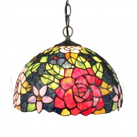 Diameter 30cm (12 inch) Handmade Rustic Retro Stained Glass Pendant Light Colorful Flower Pattern Glass Shade Bedroom Living Room Dining Room