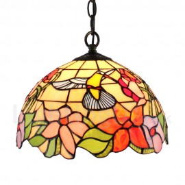 Diameter 30cm (12 inch) Handmade Rustic Retro Stained Glass Pendant Light Hummingbird Gathering Flowers Pattern Glass Shade Bedroom Living Room Dining Room