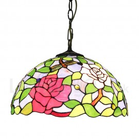 Diameter 40cm (16 inch) Handmade Rustic Retro Stained Glass Pendant Lights Multicolor Flowers Pattern Glass Shade Bedroom Living Room Dining Room