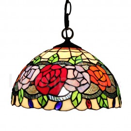 Diameter 30cm (12 inch) Handmade Rustic Retro Stained Glass Pendant Light Colorful Rose Pattern Glass Shade Bedroom Living Room Dining Room