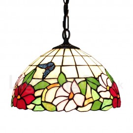 Diameter 30cm (12 inch) Handmade Rustic Retro Stained Glass Pendant Light Colorful Flower Pattern Glass Shade Bedroom Living Room Dining Room