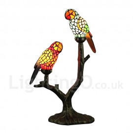 Stained Glass Table Lamp Parrot Lampshade Handmade Rustic Retro Glass Bedroom Living Room Dining Room Lamp 2 Lights