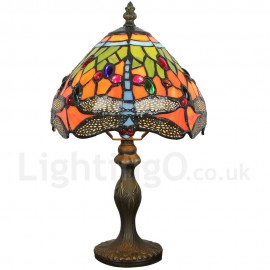 Handmade Rustic Retro Stained Glass Table Lamp Resin Base Blue Dragonfly Pattern Bedroom Living Room Dining Room Diameter 20cm (8 inch) Lampshade