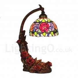 Handmade Rustic Retro Stained Glass Table Lamp Red Rose Resin Base Colorful Flower Pattern Bedroom Living Room Dining Room Diameter 20cm (8 inch) Lampshade