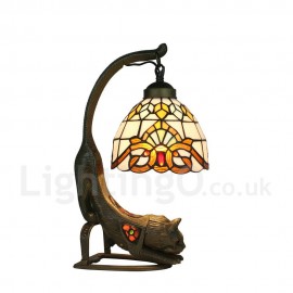 Handmade Rustic Retro Stained Glass Table Lamp Little Cat Base Colorful Pattern Bedroom Living Room Dining Room Diameter 20cm (8 inch) Lampshade