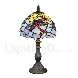 Handmade Rustic Retro Stained Glass Table Lamp Resin Base Red Dragonfly Pattern Bedroom Living Room Dining Room Diameter 20cm (8 inch) Lampshade