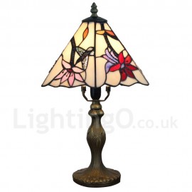 Handmade Rustic Retro Stained Glass Table Lamp Resin Base Hummingbird Gathering Flower Pattern Bedroom Living Room Dining Room Diameter 20cm (8 inch) Lampshade