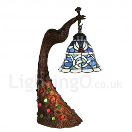 Handmade Rustic Retro Stained Glass Table Lamp Peacock Resin Base Blue Pattern Bedroom Living Room Dining Room Diameter 20cm (8 inch) Lampshade