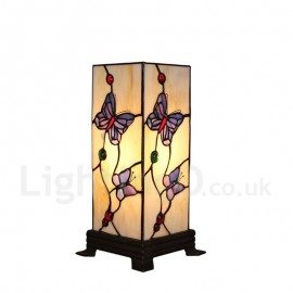 6inch Handmade Rustic Retro Stained Glass Table Lamp Butterfly Pattern Square Prism Lamp Shade Bedroom Living Room Dining Room