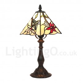 Handmade Rustic Retro Stained Glass Table Lamp Resin Base Hummingbird Gathering Flower Pattern Bedroom Living Room Dining Room Diameter 20cm (8 inch) Lampshade