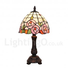 Handmade Rustic Retro Stained Glass Table Lamp Resin Base Pink Flower Pattern Bedroom Living Room Dining Room Diameter 20cm (8 inch) Lampshade