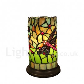 6inch Handmade Rustic Retro Stained Glass Table Lamp Colorful Texture Dragonfly Pattern Cylinder Lamp Shade Bedroom Living Room Dining Room