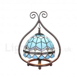 Handmade Rustic Retro Stained Glass Table Lamp Light Blue Pattern Metal Frame Bedroom Living Room Dining Room Diameter 20cm (8 inch) Lampshade