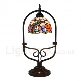 Handmade Rustic Retro Stained Glass Table Lamp Blue Dragonfly Pattern Arched Metal Frame Bedroom Living Room Dining Room Diameter 20cm (8 inch) Lampshade