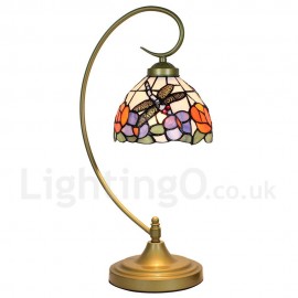 Handmade Rustic Retro Stained Glass Table Lamp Metal Bending Pipe Round Base Dragonfly Gathering Flower Pattern Bedroom Living Room Dining Room Diameter 20cm (8 inch) Lampshade