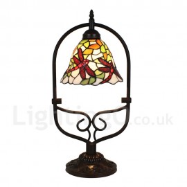 Handmade Rustic Retro Stained Glass Table Lamp Red Dragonfly Pattern Arched Metal Frame Bedroom Living Room Dining Room Diameter 20cm (8 inch) Lampshade
