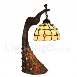 Handmade Rustic Retro Stained Glass Table Lamp Peacock Resin Base Colorful Gem Bedroom Living Room Dining Room Diameter 20cm (8 inch) Lampshade