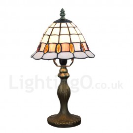 Handmade Rustic Retro Stained Glass Table Lamp Resin Base Grid Pattern and Orange Gem Bedroom Living Room Dining Room Diameter 20cm (8 inch) Lampshade