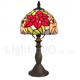 Handmade Rustic Retro Stained Glass Table Lamp Resin Base Red Flower Pattern Bedroom Living Room Dining Room Diameter 20cm (8 inch) Lampshade