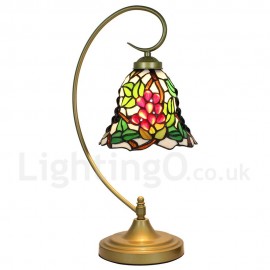 Handmade Rustic Retro Stained Glass Table Lamp Metal Bending Pipe Round Base Grape Pattern Bedroom Living Room Dining Room Diameter 20cm (8 inch) Lampshade