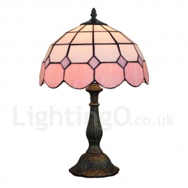 Diameter 30cm (12 inch) Handmade Rustic Retro Stained Glass Table Lamp Mesh Pattern Shade Light Pink Edge Bedroom Living Room Dining Room