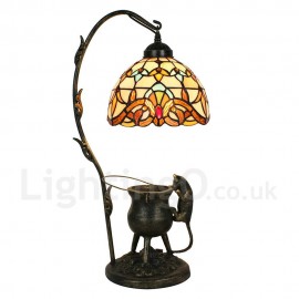 Handmade Rustic Retro Stained Glass Table Lamp Pilfering Cat Colorful Pattern Bedroom Living Room Dining Room Diameter 20cm (8 inch) Lampshade
