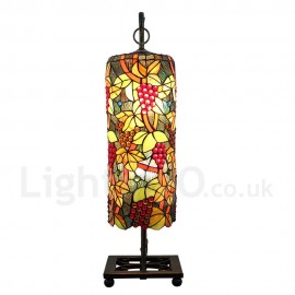 Handmade Rustic Retro Stained Glass Table Lamp Square Metal Base Colorful Grape Pattern Cylindrical Lampshade Bedroom Living Room Dining Room 2 Lights Diameter 20cm (8 inch) Lampshade