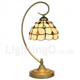 Handmade Rustic Retro Stained Glass Table Lamp Metal Bending Pipe Round Base Colorful Gem Pattern Bedroom Living Room Dining Room Diameter 20cm (8 inch) Lampshade
