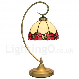 Handmade Rustic Retro Stained Glass Table Lamp Metal Bending Pipe Round Base Red Edge Pattern Bedroom Living Room Dining Room Diameter 20cm (8 inch) Lampshade