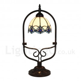 Handmade Rustic Retro Stained Glass Table Lamp Blue Edge Pattern Arched Metal Frame Bedroom Living Room Dining Room Diameter 20cm (8 inch) Lampshade