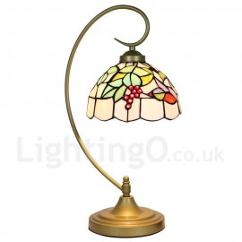 Handmade Rustic Retro Stained Glass Table Lamp Metal Bending Pipe Round Base Red Fruit Pattern Bedroom Living Room Dining Room Diameter 20cm (8 inch) Lampshade
