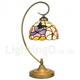 Handmade Rustic Retro Stained Glass Table Lamp Metal Bending Pipe Round Base Butterfly Flower Pattern Bedroom Living Room Dining Room Diameter 20cm (8 inch) Lampshade