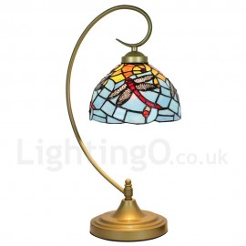 Handmade Rustic Retro Stained Glass Table Lamp Metal Bending Pipe Round Base Red Dragonfly Pattern Bedroom Living Room Dining Room Diameter 20cm (8 inch) Lampshade