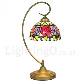 Handmade Rustic Retro Stained Glass Table Lamp Metal Bending Pipe Round Base Colorful Rose Pattern Bedroom Living Room Dining Room Diameter 20cm (8 inch) Lampshade
