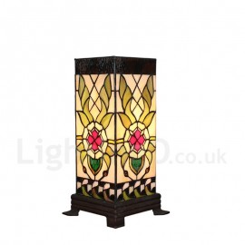 6inch Handmade Rustic Retro Stained Glass Table Lamp Colorful Pattern Square Prism Lamp Shade Bedroom Living Room Dining Room