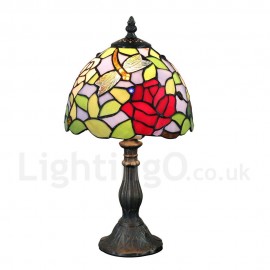 Handmade Rustic Retro Stained Glass Table Lamp Resin Base Dragonfly and Red Flower Pattern Bedroom Living Room Dining Room Diameter 20cm (8 inch) Lampshade