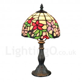 Handmade Rustic Retro Stained Glass Table Lamp Resin Base Colorful Flower Pattern Bedroom Living Room Dining Room Diameter 20cm (8 inch) Lampshade