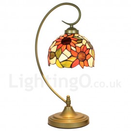Handmade Rustic Retro Stained Glass Table Lamp Metal Bending Pipe Round Base Sunflower Pattern Bedroom Living Room Dining Room Diameter 20cm (8 inch) Lampshade