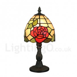6inch Handmade Rustic Retro Stained Glass Table Lamp Red Rose Pattern Lamp Shade Bedroom Living Room Dining Room