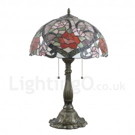 Diameter 40cm (16 inch) Handmade Retro Stained Glass Table Lamp Rose Pattern Glass Shade Bedroom Living Room Dining Room