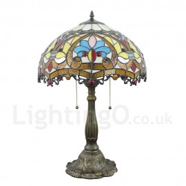 Diameter 40cm (16 inch) Handmade Retro Stained Glass Table Lamp Colorful Pattern Glass Shade Bedroom Living Room Dining Room