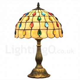 Diameter 30cm (12 inch) Handmade Rustic Retro Stained Glass Table Lamp Colorful Gem Shade Bedroom Living Room Dining Room