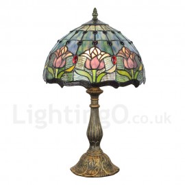 Diameter 30cm (12 inch) Handmade Rustic Retro Stained Glass Table Lamp Tulip Pattern Shade Bedroom Living Room Dining Room