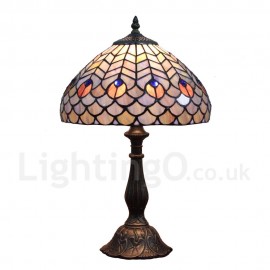 Diameter 30cm (12 inch) Handmade Rustic Retro Stained Glass Table Lamp Blue Feather Pattern Shade Bedroom Living Room Dining Room