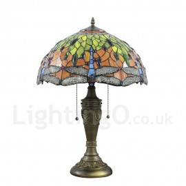 Diameter 40cm (16 inch) Handmade Retro Stained Glass Table Lamp Dragonfly Pattern Glass Shade Bedroom Living Room Dining Room