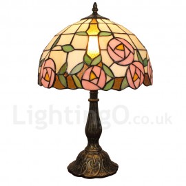 Diameter 30cm (12 inch) Handmade Rustic Retro Stained Glass Table Lamp Pink Rose Pattern Shade Bedroom Living Room Dining Room